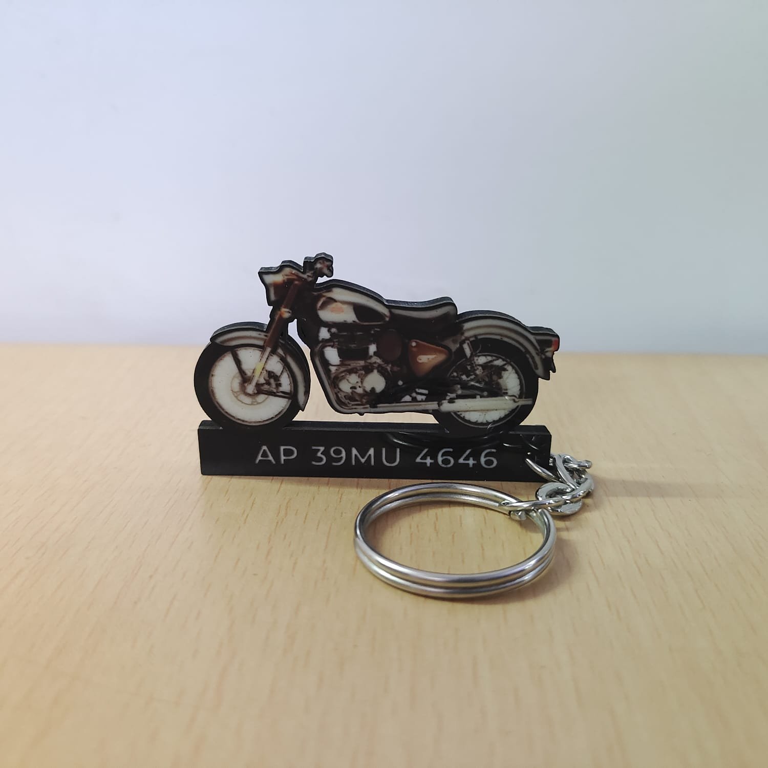 Personalized RE Classic 350 Chrome Bronze Wooden Keychain - Image 2